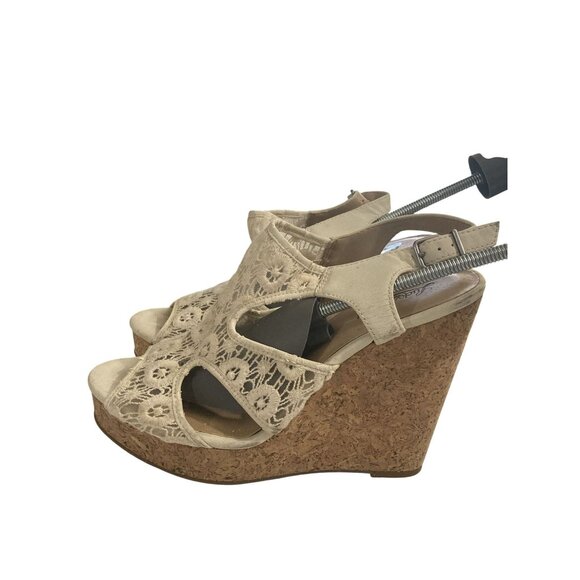 Lucky Brand Women's 10M Beige Lace Cork Wedge Sandals Size - Picture 2 of 8